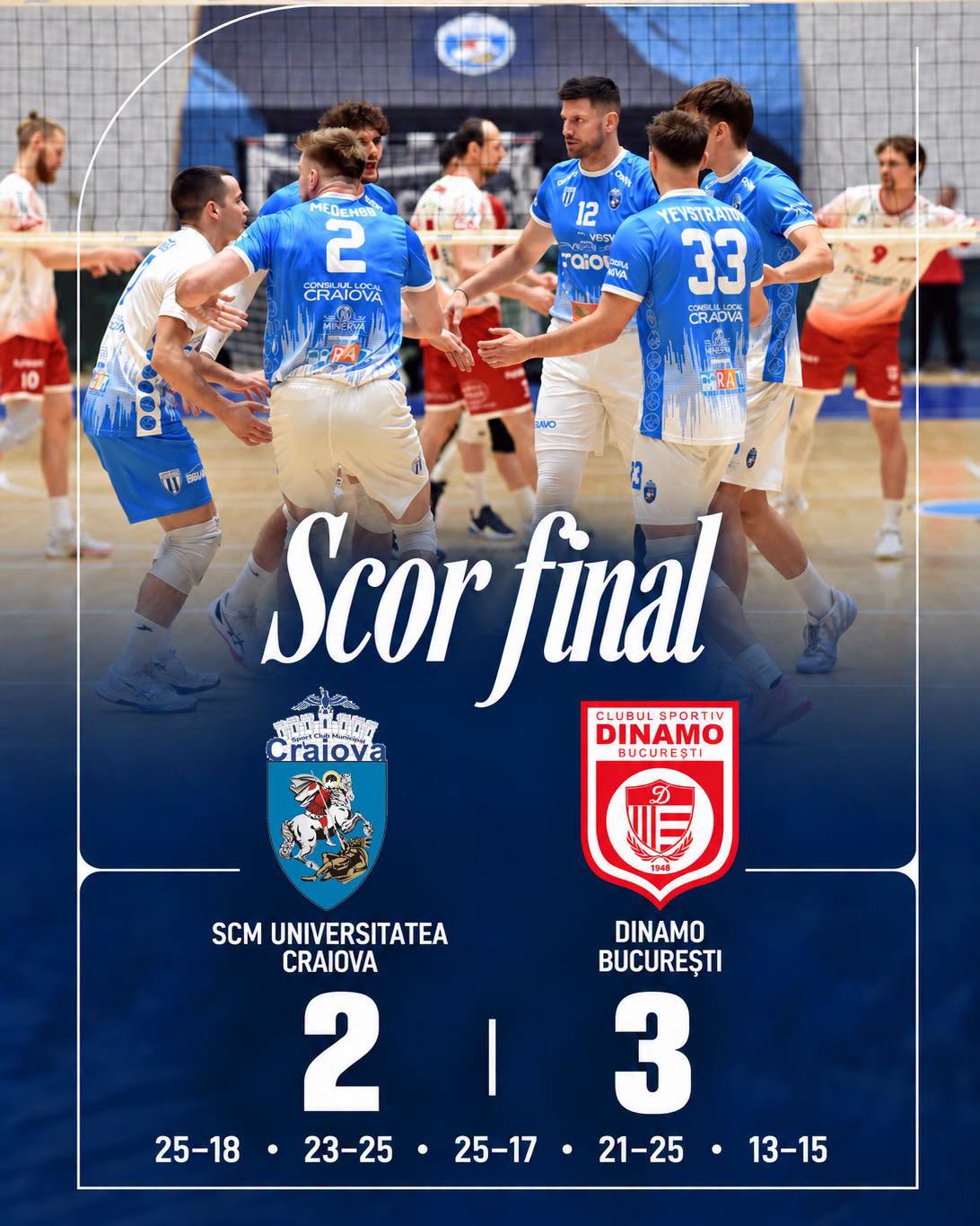SCM Universitatea Craiova a cedat la limită în fața echipei Dinamo, după un meci de cinci seturi